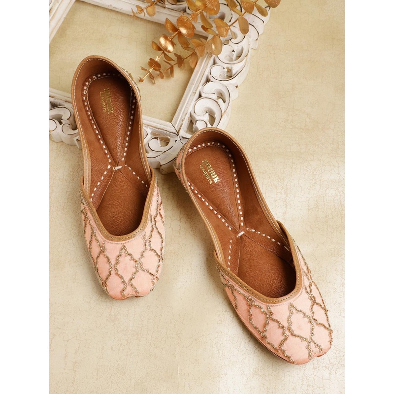 Anouk Women Peach-Coloured & Gold-Toned Embellished Mojaris
