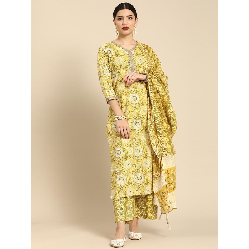 Anouk Women Yellow Floral Printed Regular Beads and Stones Pure Cotton Kurta Set