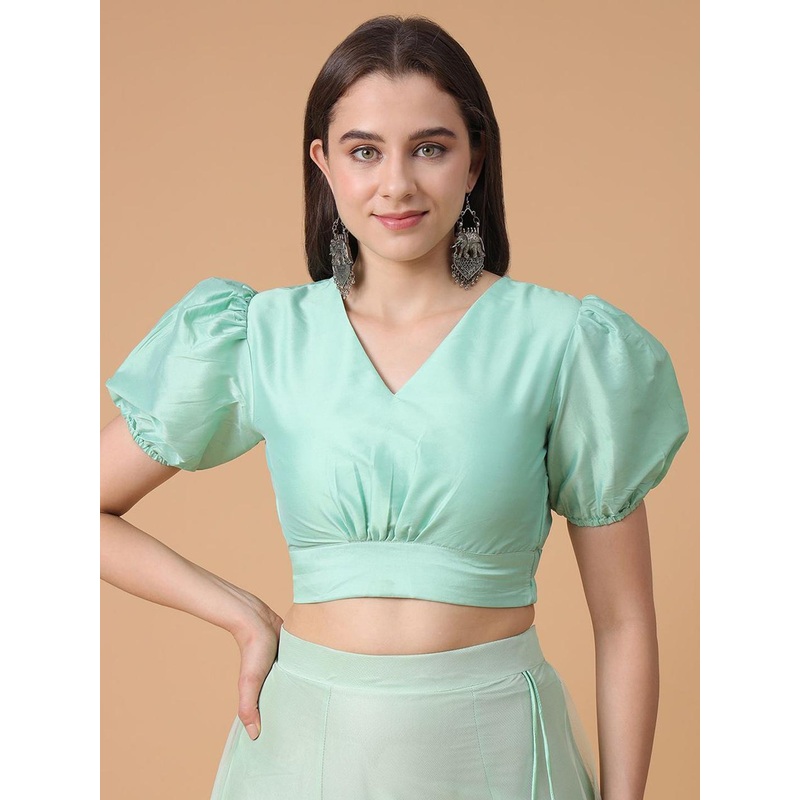 Frolic Rolic Silk V Neck Puff Sleeves Blouse