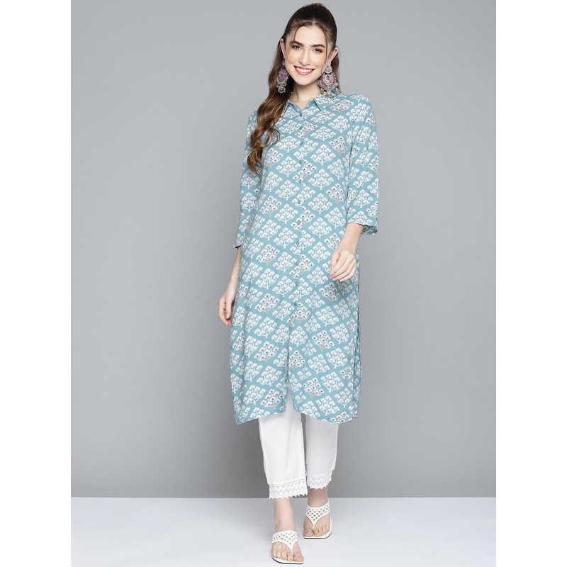 HERE&NOW Women Blue & White Ethnic Motifs Printed Kurta