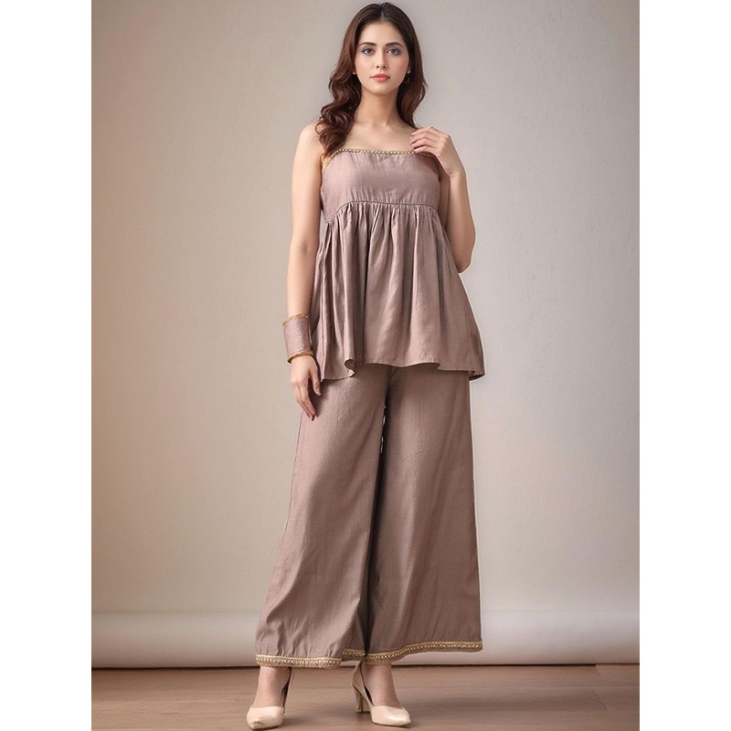 Here&Now Women Grey Peplum Top Trouser Set