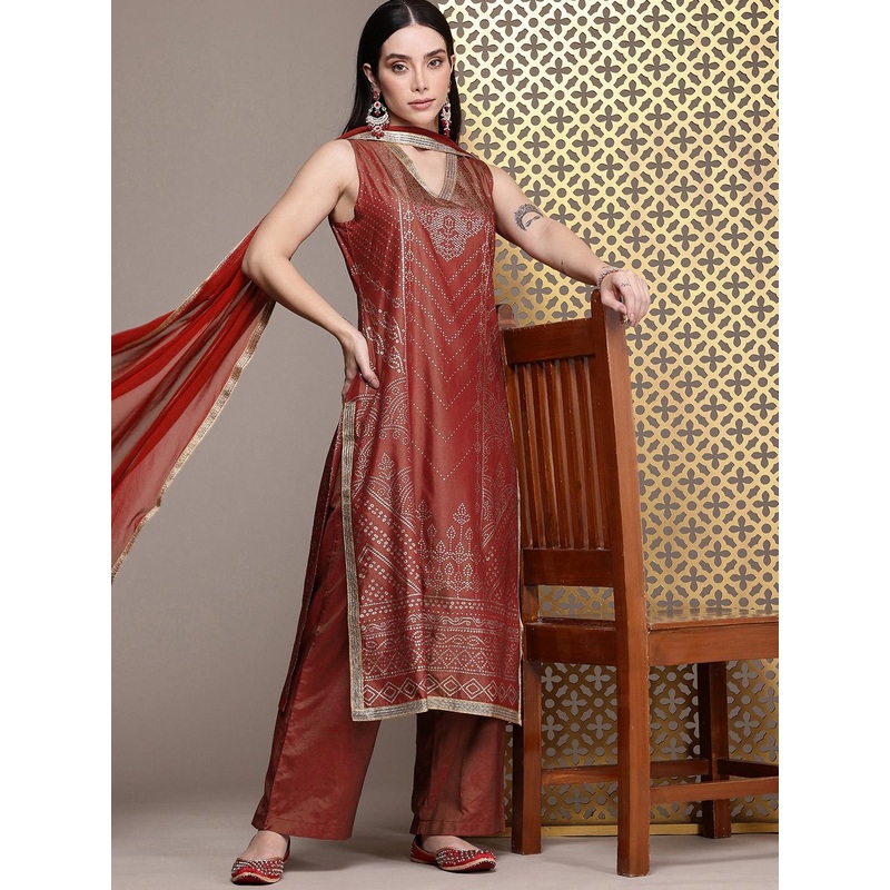 House of Pataudi Jashn Ethnic Motifs Printed Gotta Patti Kurta With Trousers & Dupatta