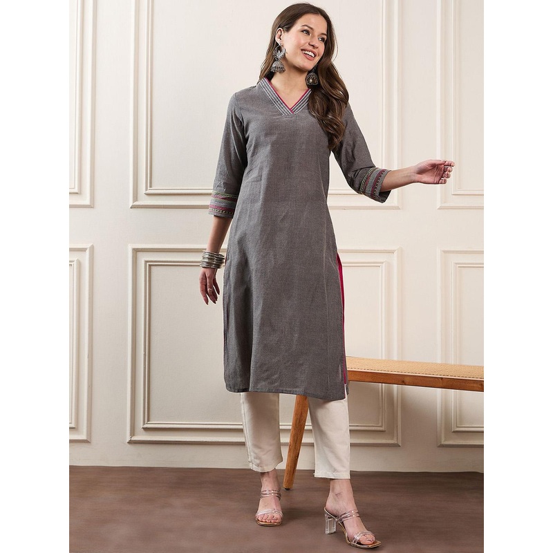 House of Pataudi V Neck Pure Cotton Straight Kurta