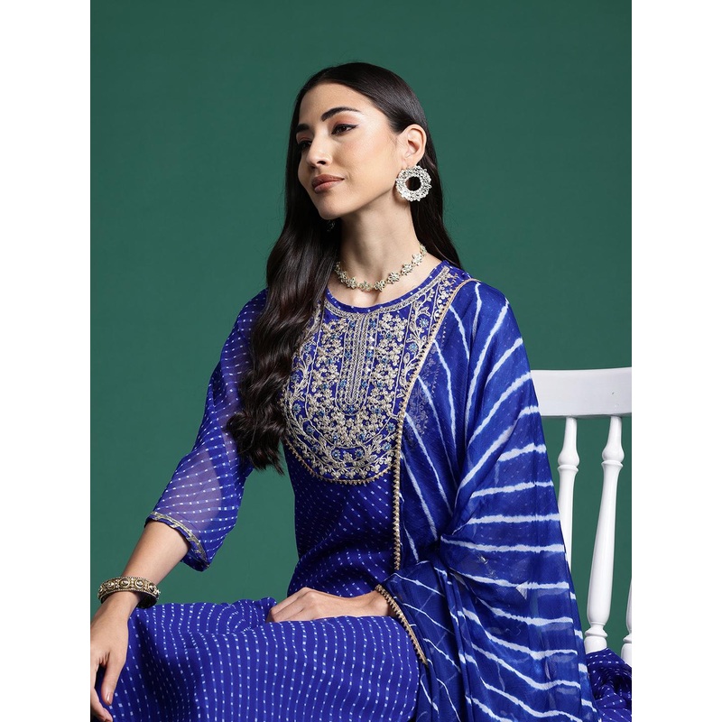 Indo Era Women Leheriya Printed Regular Kurta With Trousers & Dupatta