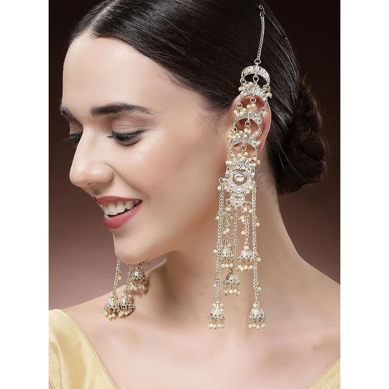 KARATCART Gold-Plated Kundan Studded & Beaded Kaanchain With Hanging Chandbalis