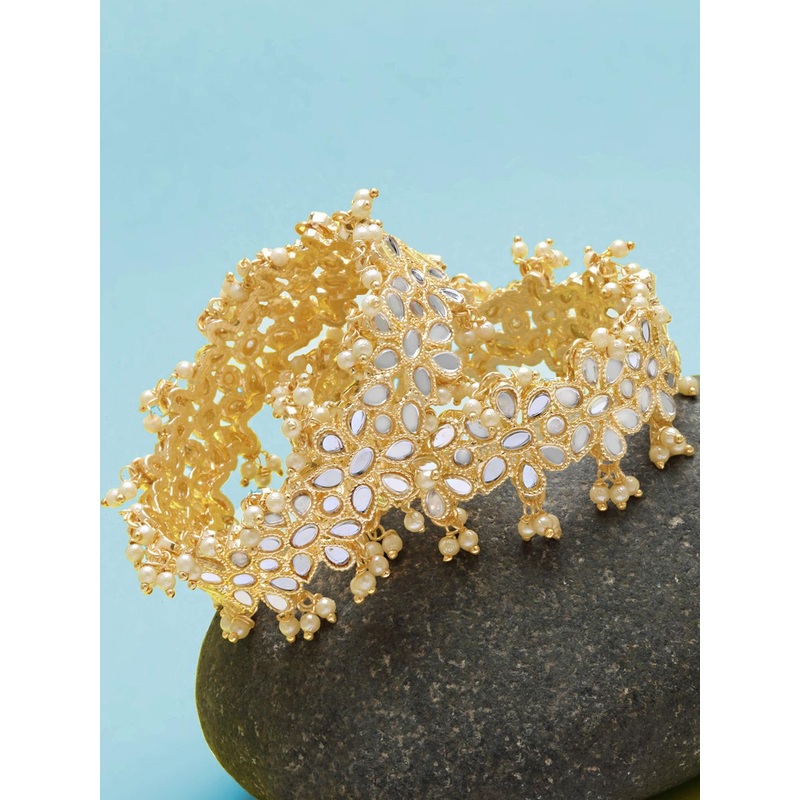 KARATCART Set Of 2 Gold Plated Mirror Studded & Beaded Bangles