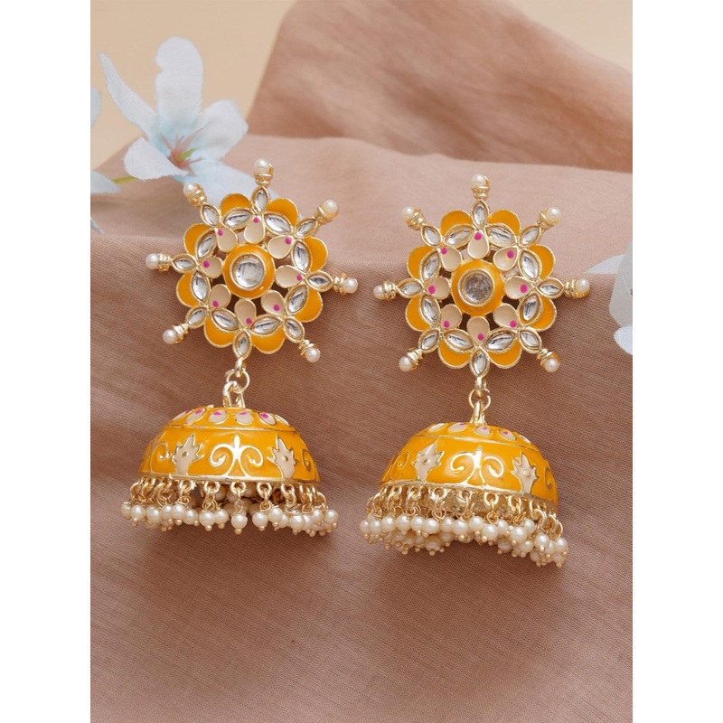 KARATCART Yellow & White Gold-Plated Floral Design Classic Jhumkas Earrings