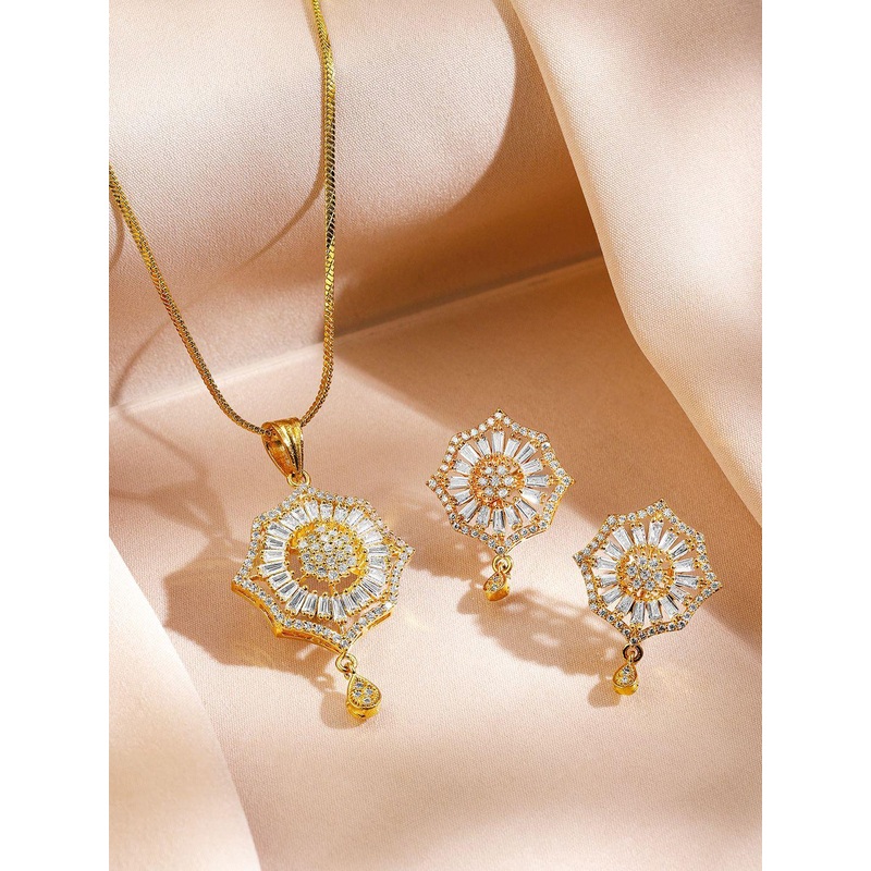 Rubans 18K Gold-Plated Cubic Zirconia Studded Starburst Drop Classic Pendant Necklace Set