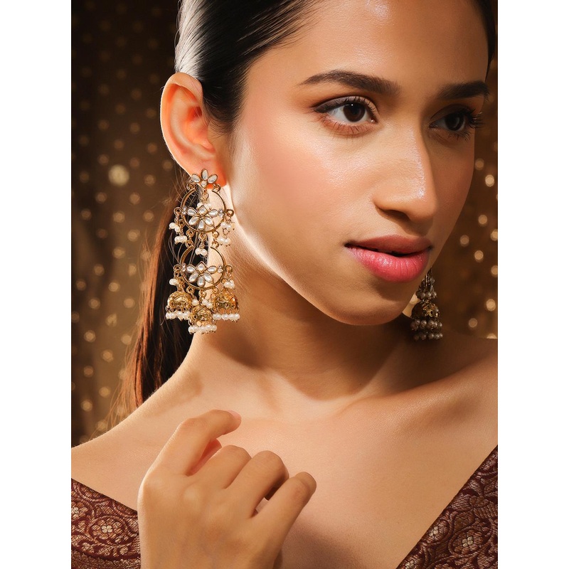 Rubans 18K Mehandi Gold-Plated White Kundan Studded Chandbali-Jhumka Hybrid Earring