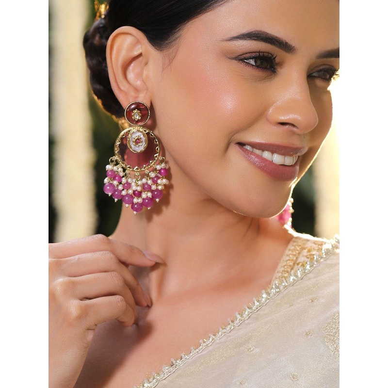 Rubans 22k Gold Plated Artificial Stones Studded & Pearls Beaded Circular Chandbalis