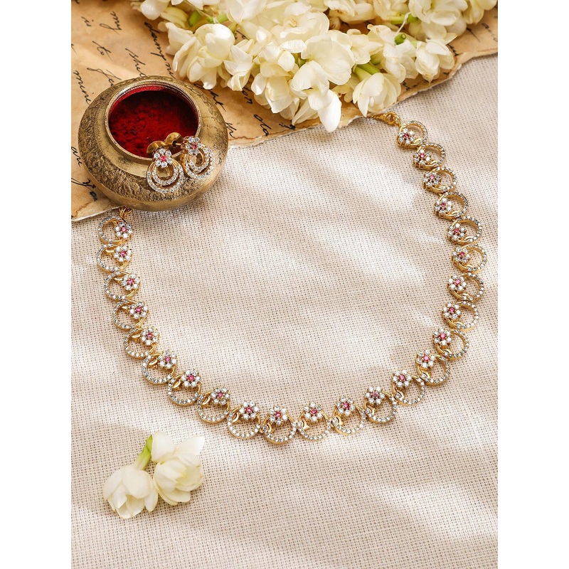 Rubans 22K Gold-Plated Cubic Zirconia & Pink Stone Studded Necklace with Matching Earrings