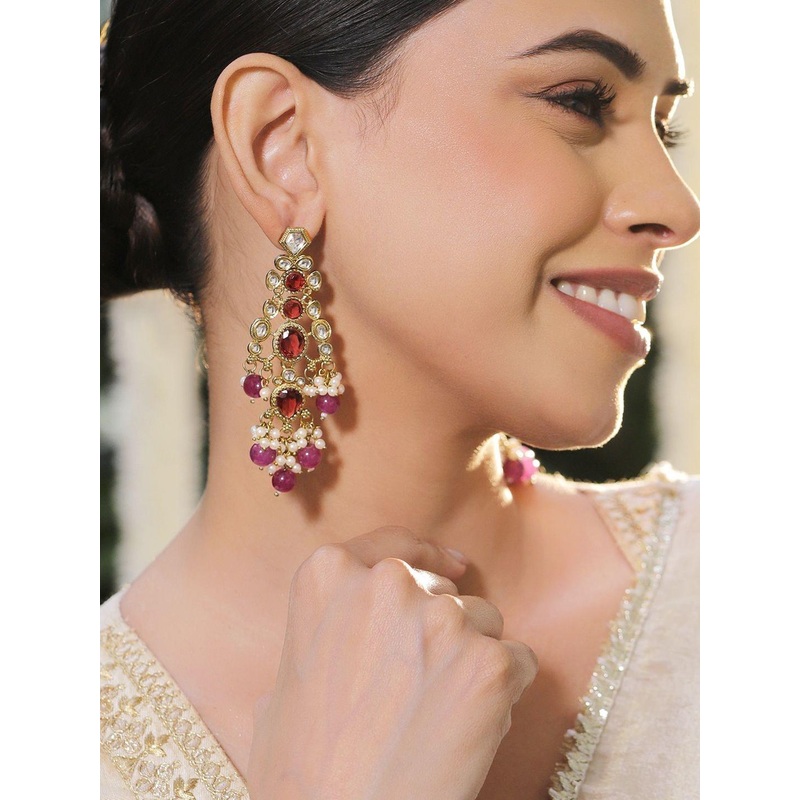 Rubans 22K Gold-Plated Deep Wine Red & Purple Beaded Kundan & Zirconia Chandelier Earrings
