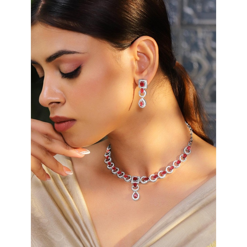 Rubans Rhodium-Plated Ruby Pink AD & Cubic Zirconia Studded Classic Necklace Set