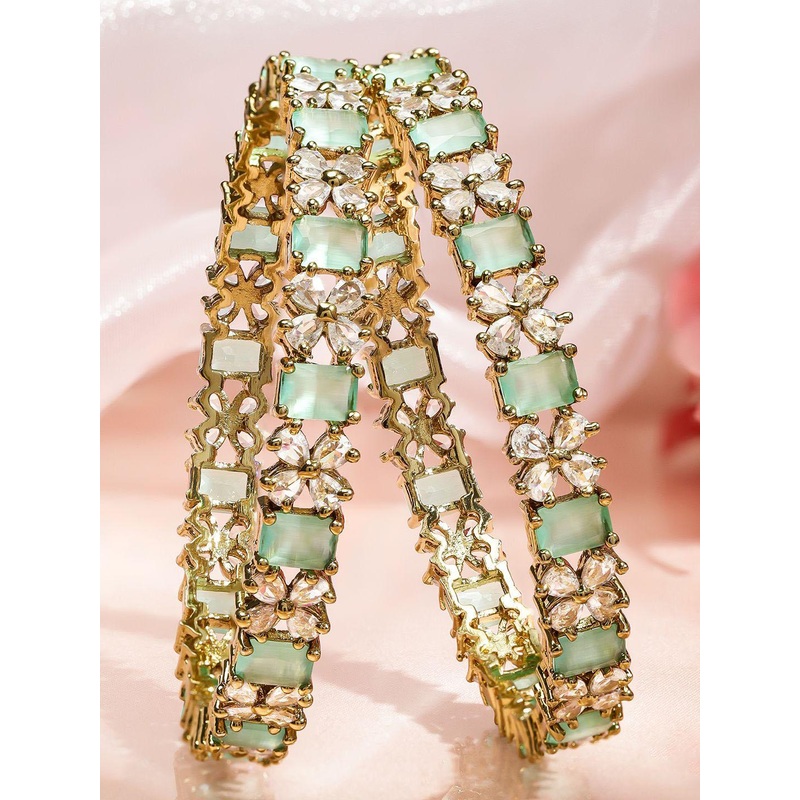 Rubans Set of 2 18K Gold-Plated Pastel Green & White Zirconia Studded Floral Bangles
