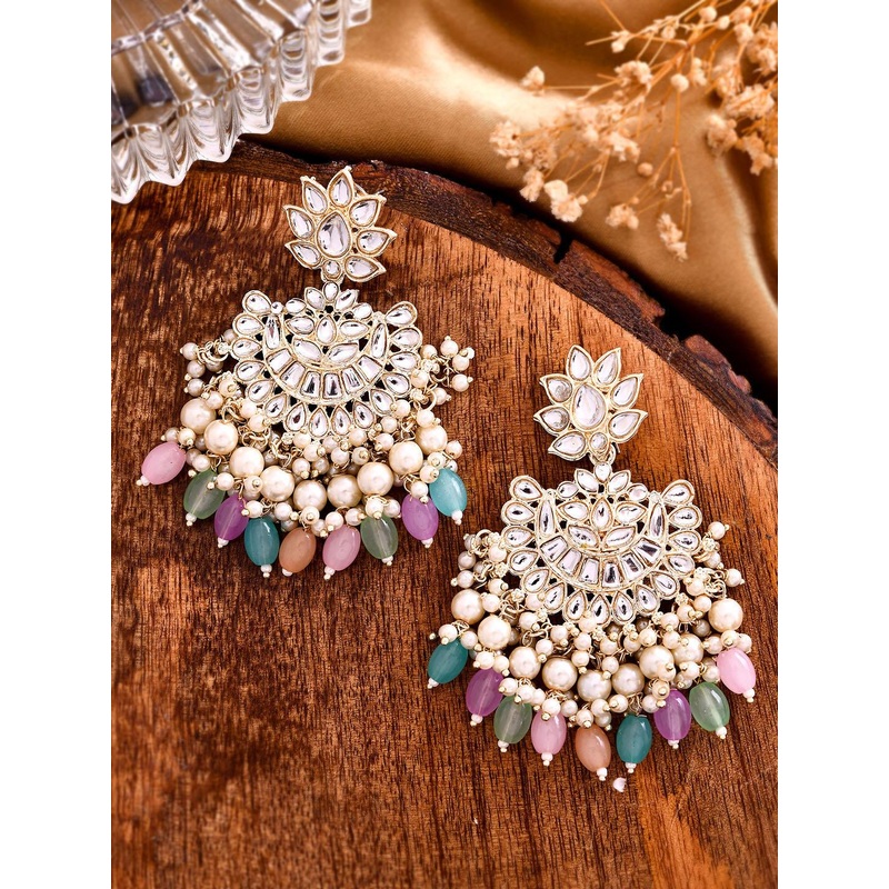 Shoshaa Gold-Plated Kundan Contemporary Chandbalis Earrings