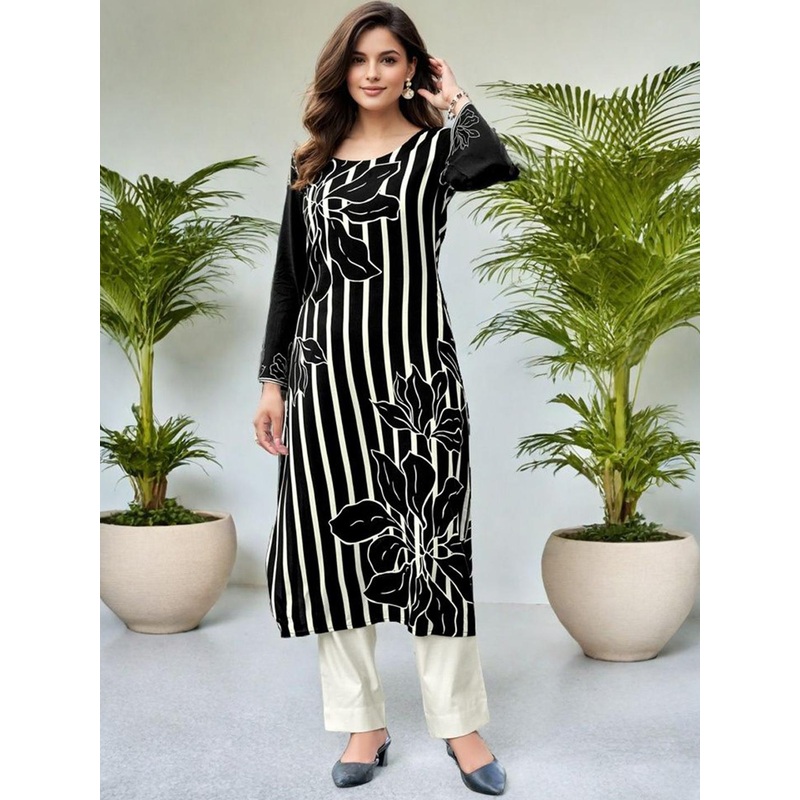 SZN Women Floral Striped Daily Straight Kurta