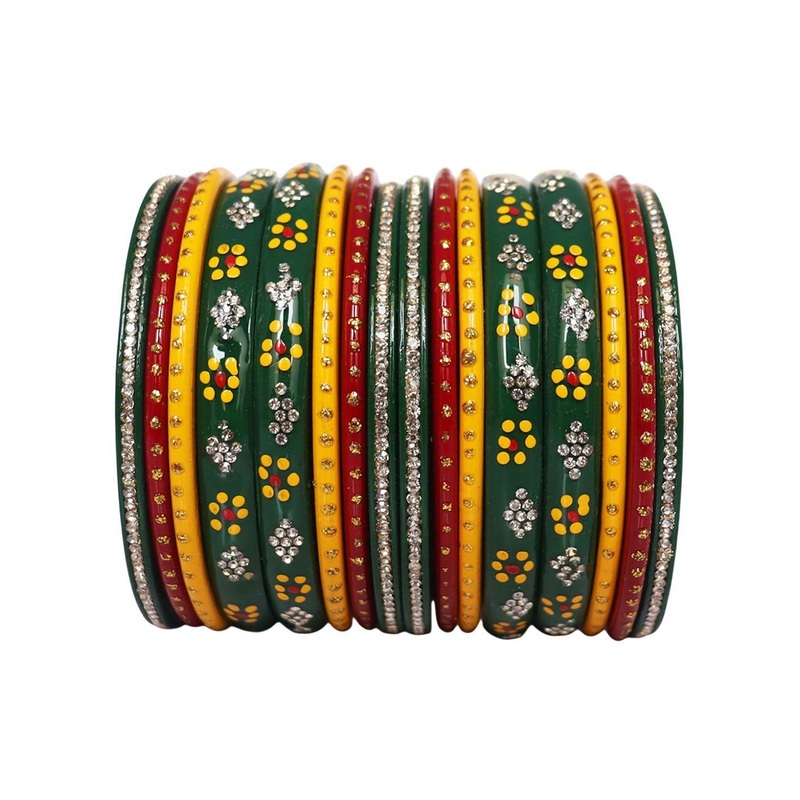 TAJ BRIDAL STORE Set Of 16 Rhinestones Studded Lac Bangles