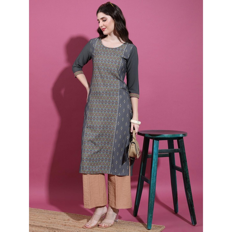 Vishudh Geometric Printed Round Neck Mirror Work Kurta