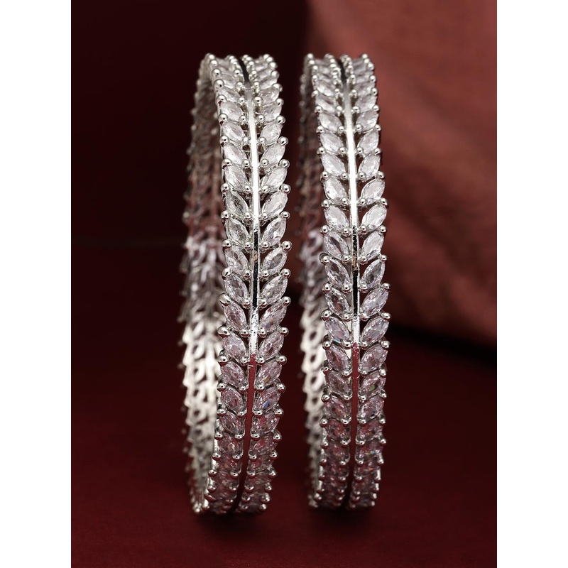 ZENEME Set of 2 Rhodium-Plated Leaf Shaped AD-Studded Brass Bangles