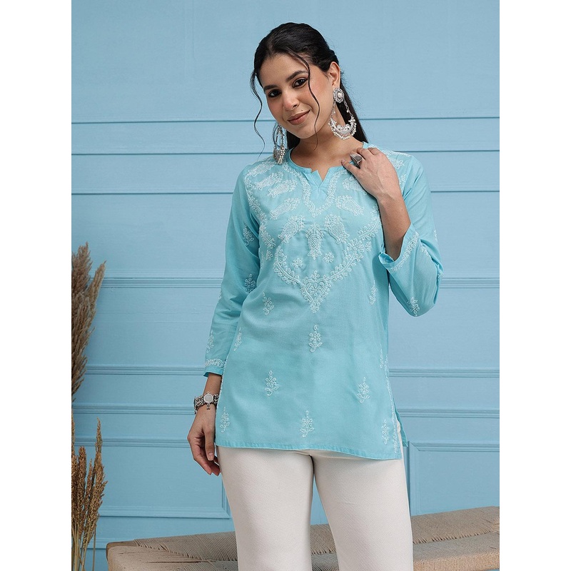 ADA Women Plus Size Blue Chikankari Embroidered Pure Cotton Kurti