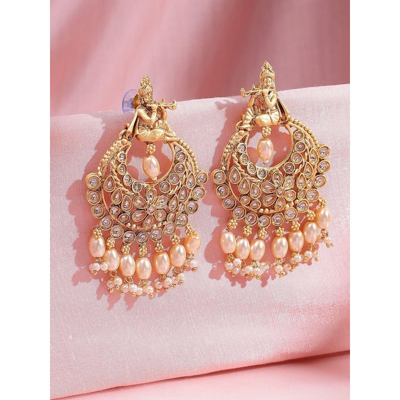 ADIVA 22K Gold-Plated Kundan Studded And Pearls Beaded Crescent Shaped Chandbalis