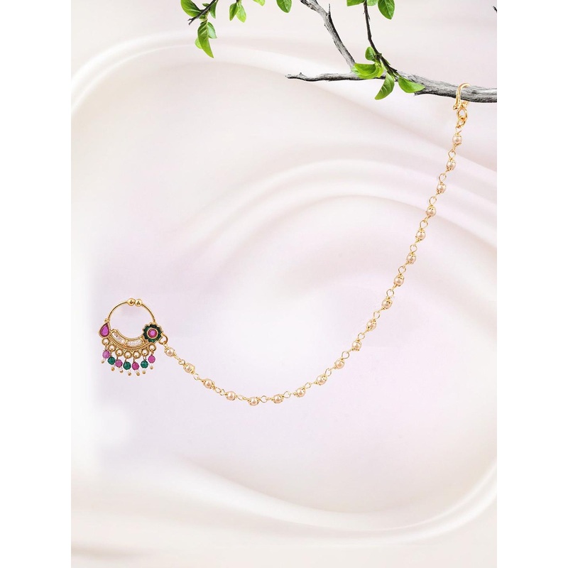Adwitiya Collection Gold-Plated Stone Studded Beaded Chained Nose Ring