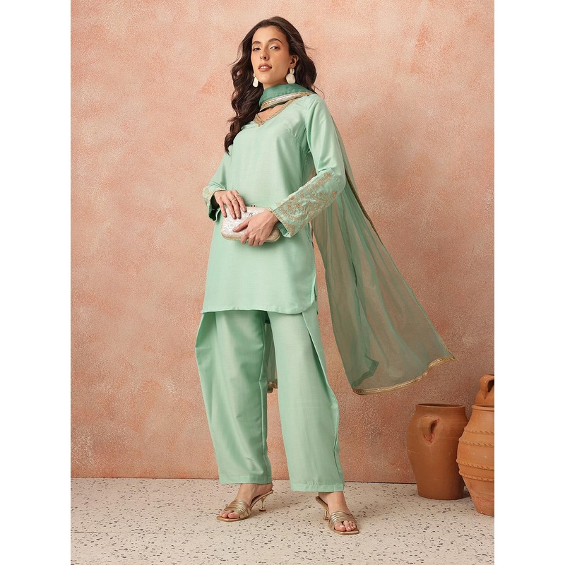 all about you Zari Detail V-Neck Kurta with Trousers & With Dupatta