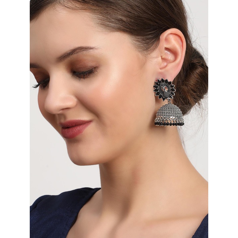 Anouk Black Gold-Plated Peacock Shaped Jhumkas