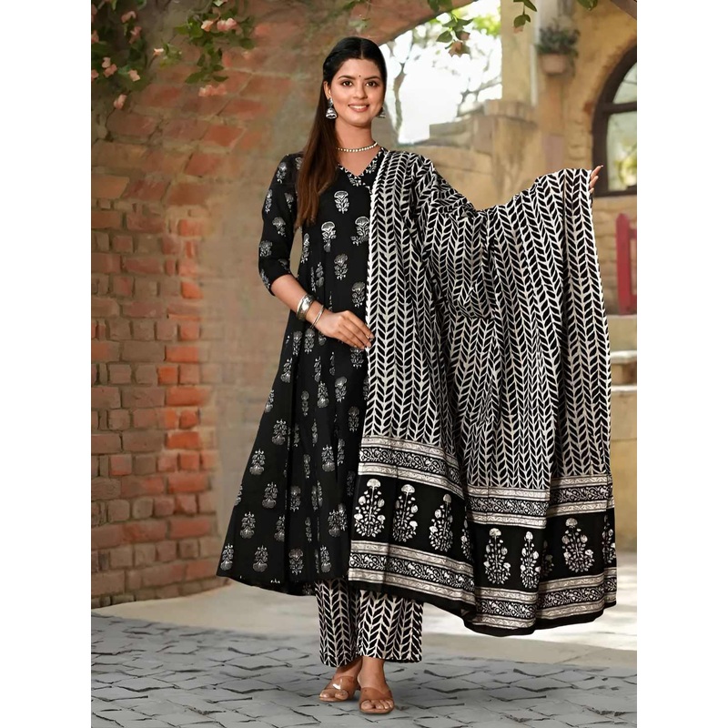 Anouk Rustic Women Ethnic Motifs Printed V-Neck Anarkali Kurta with Palazzos &  Dupatta