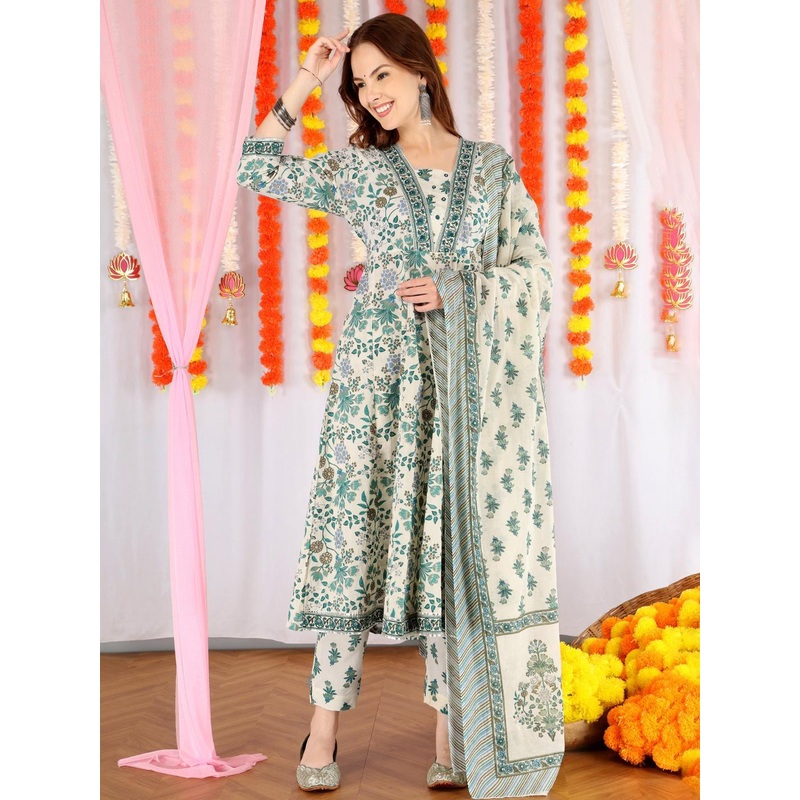 Anouk Women Green Pure Cotton Kurta Sets With Dupatta