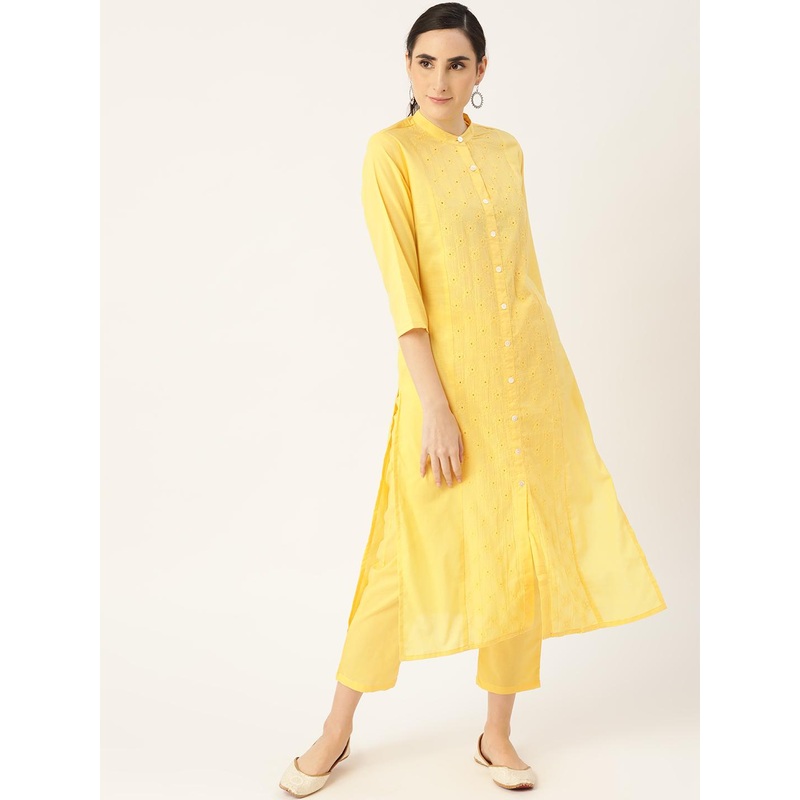 Anouk Women Yellow Ethnic Motifs Embroidered Panelled Pure Cotton Kurta with Trousers