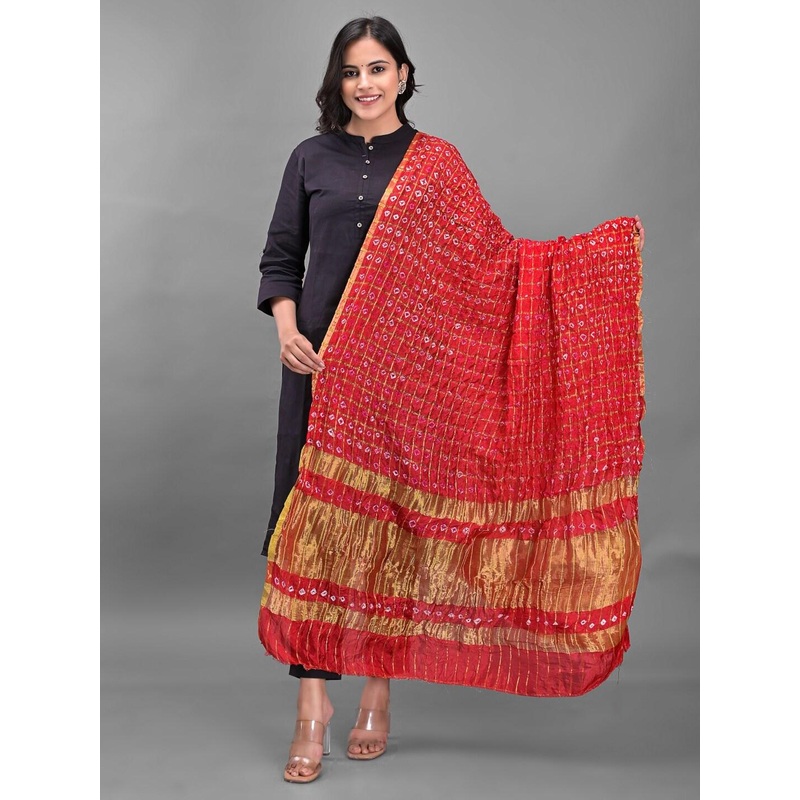 Apratim Red & Gold-Toned Dyed Art Silk Bandhani Dupatta with Zari