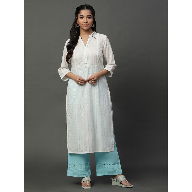 AURELIA Striped Mandarin Collar A-Line Kurta