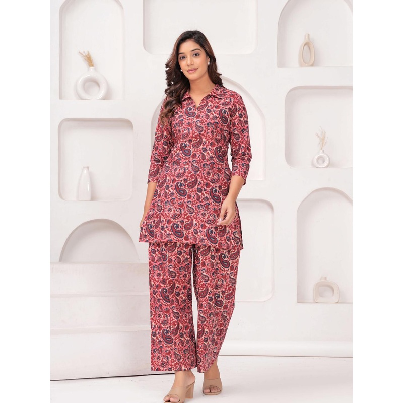 BAESD Paisley Printed Shirt Collar Pure Cotton Tunic With Trouser