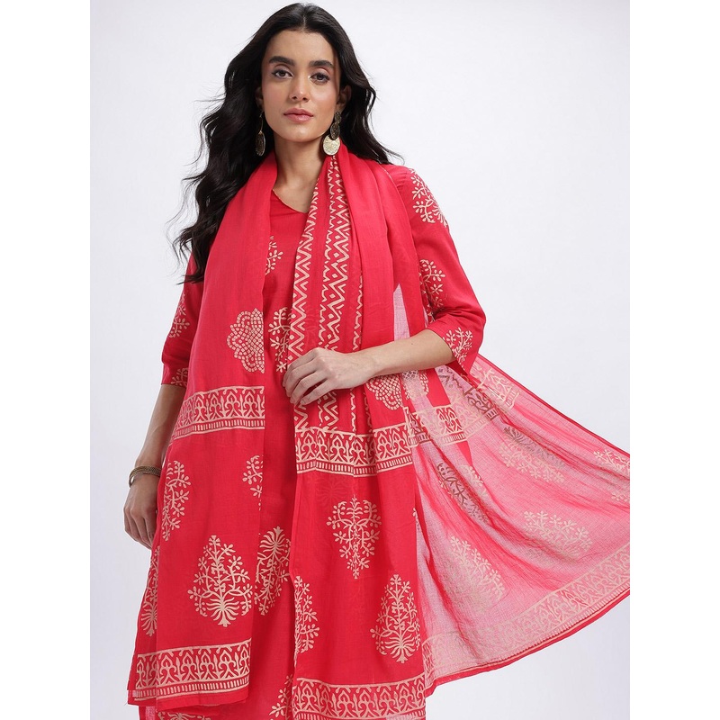 HERE&NOW Ethnic Motifs Print Cotton V-Neck Kurta with Trousers & Dupatta