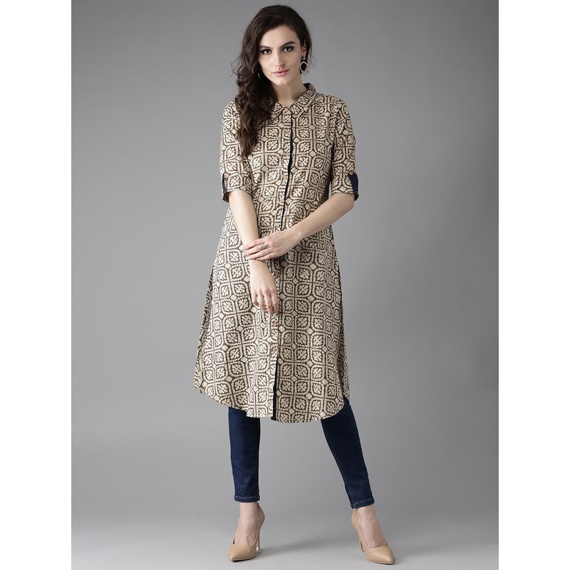 HERE&NOW Women Beige & Brown Printed A-Line Kurta