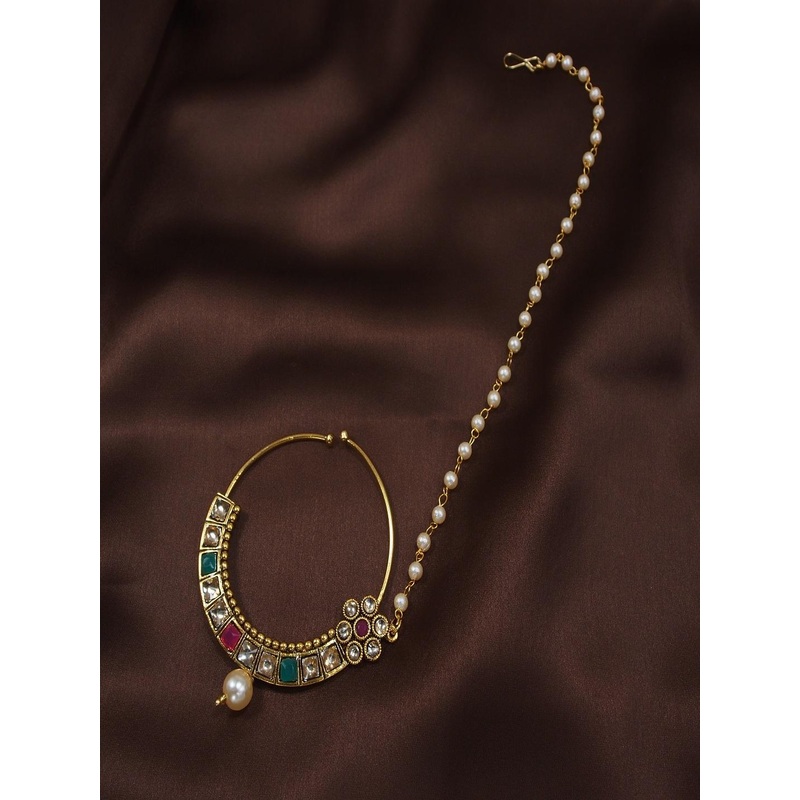 I Jewels Gold-Plated & Turquoise Blue Studded & Beaded Chained Nose Ring