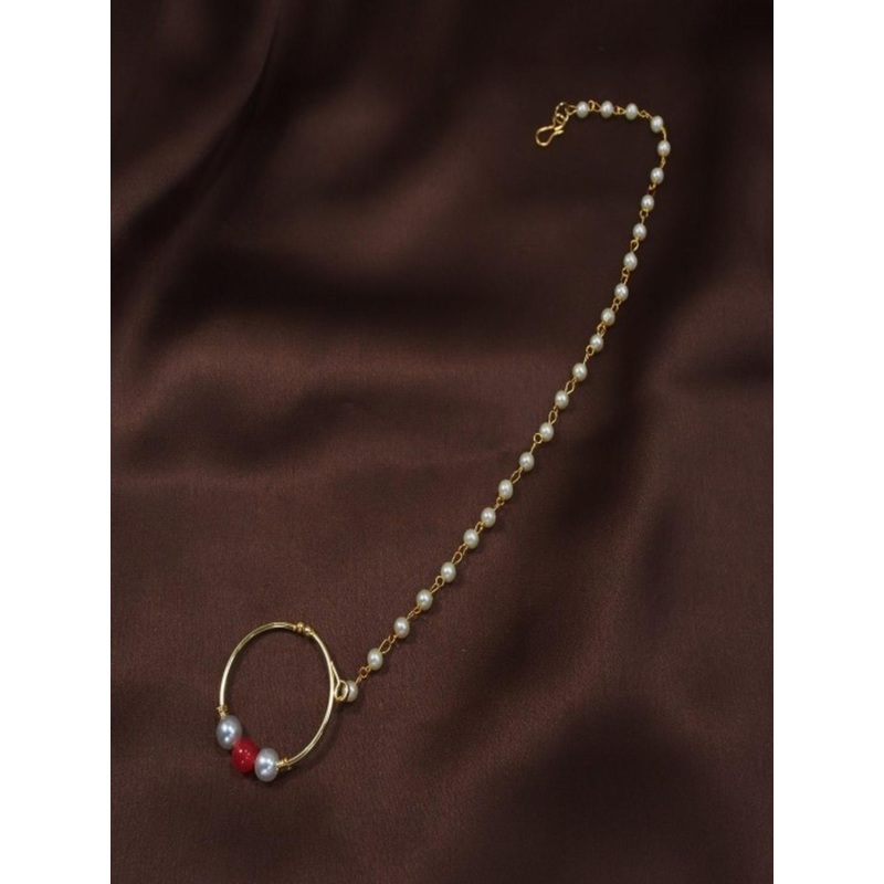 I Jewels Green & White Antique Gold-Plated Pearl Studded Beaded Chained Nose Ring