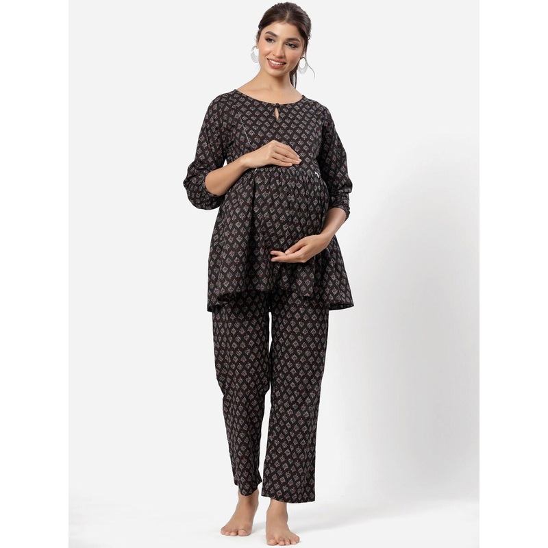 Ikk Kudi by Seerat Women Floral Printed Empire Pure Cotton Maternity Top with Trousers