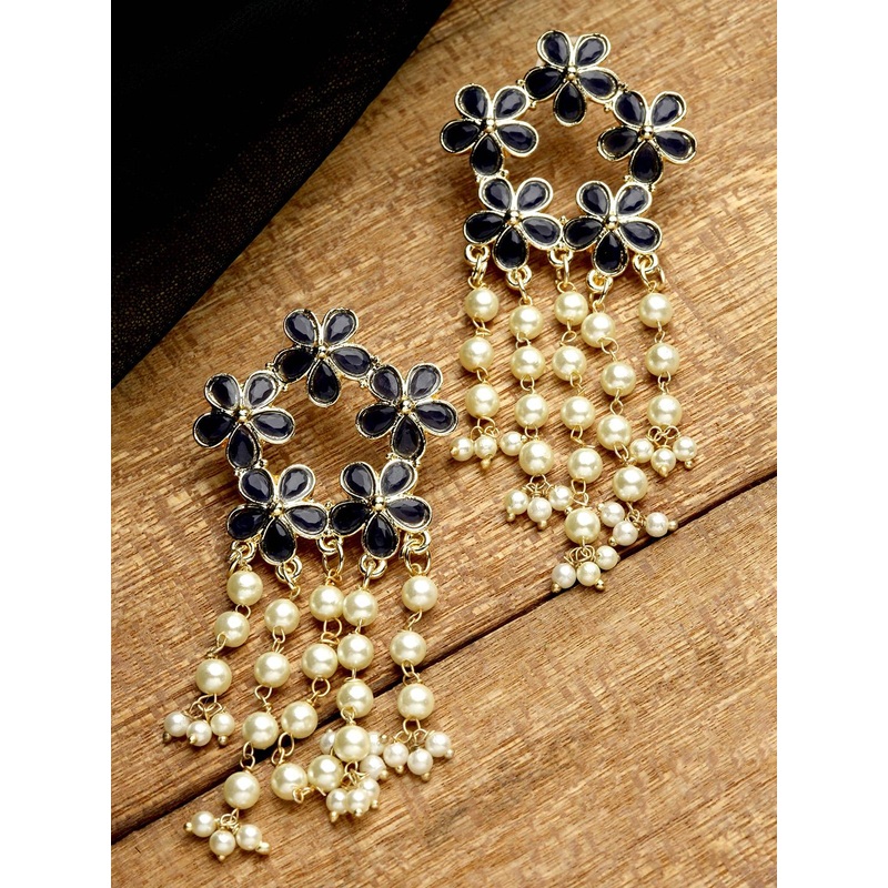 KARATCART Women Gold Plated Navy Blue Floral Drop Earrings