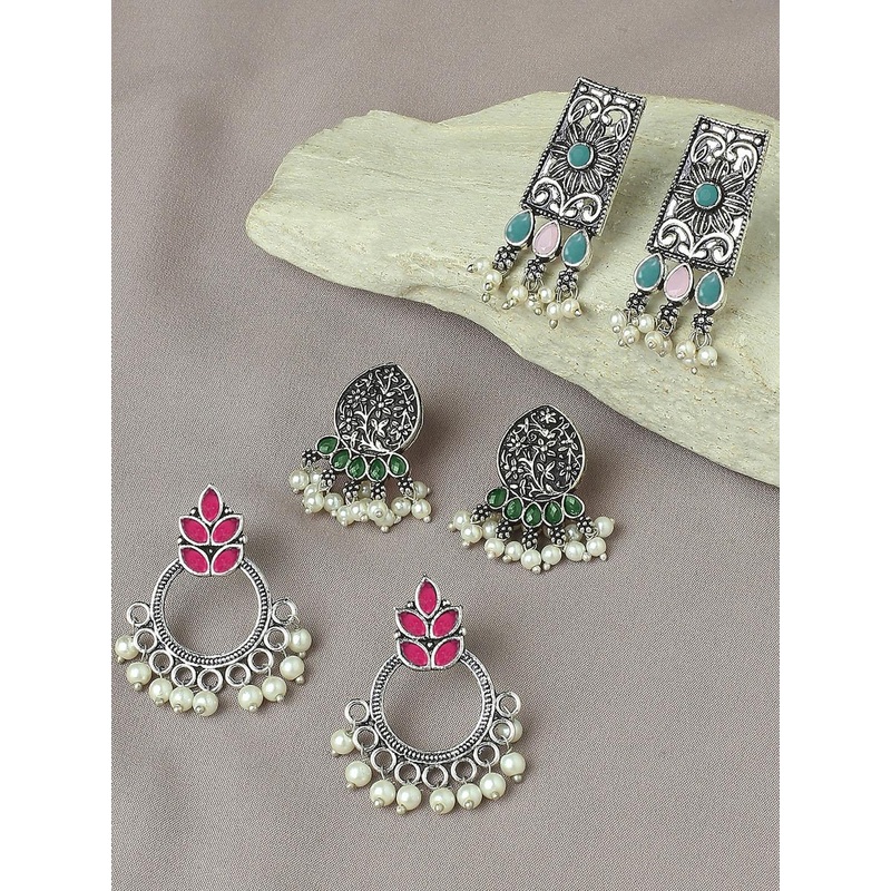 OOMPH Set Of 3 Stones Studded & Beads Beaded Oxidised Floral Drop Earrings