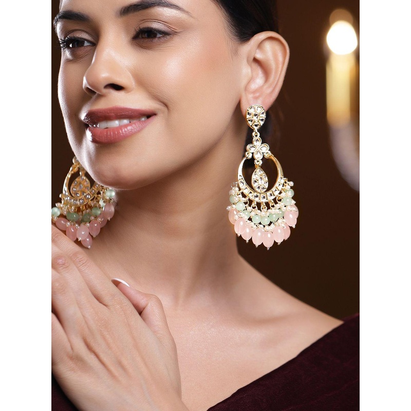 Rubans 18K Gold-Plated Kundan Studded Pastel Pink & Green Bead Big Chandbali Earrings