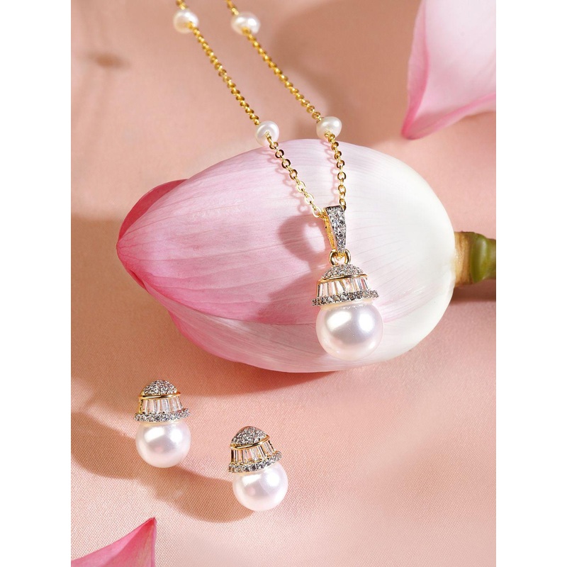 Rubans 18K Gold-Plated Pearl Drop Pendant Necklace Set with Cubic Zirconia & Beaded Chain