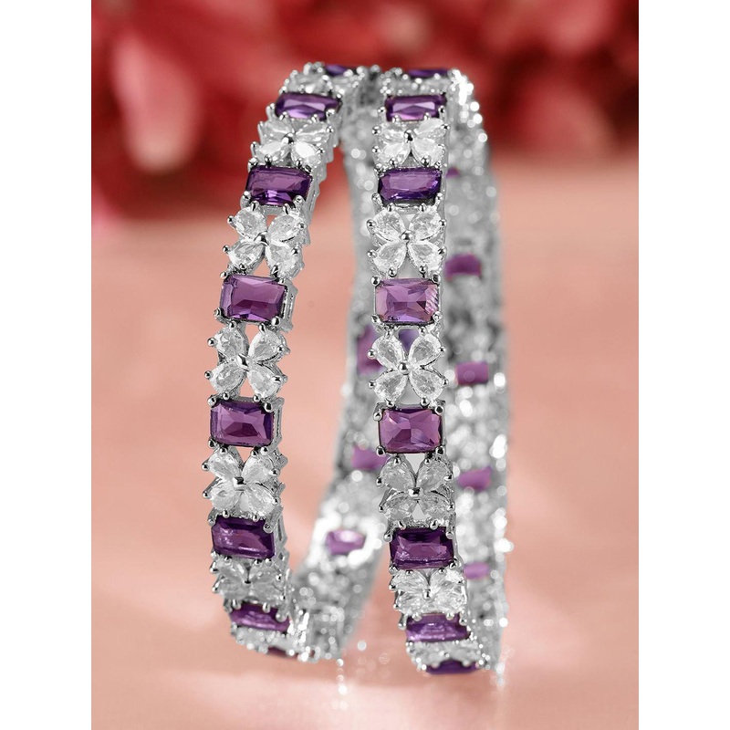 Rubans Set of 2 Rhodium-Plated Blue Sapphire & White Cubic Zirconia Studded Bangles