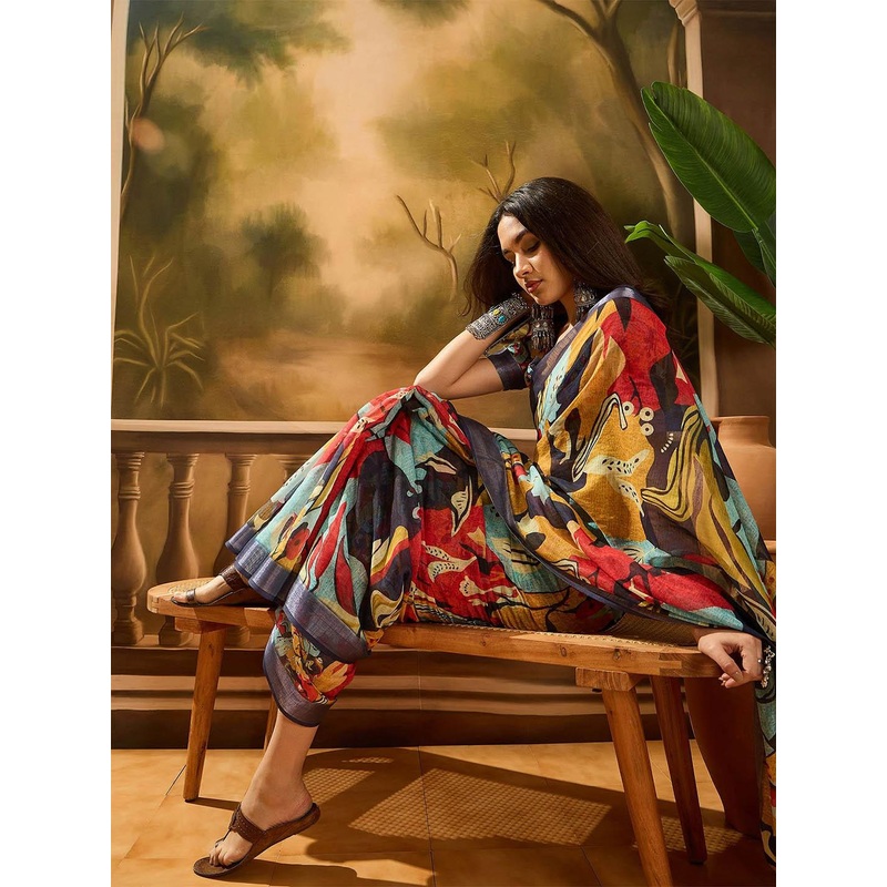 Sangria Digital Printed Banarasi Saree With Blouse Piece