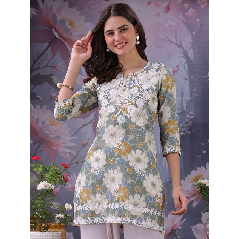 Vama Heritage Floral Printed Notch Neck Chikankari Pure Cotton Straight Kurti