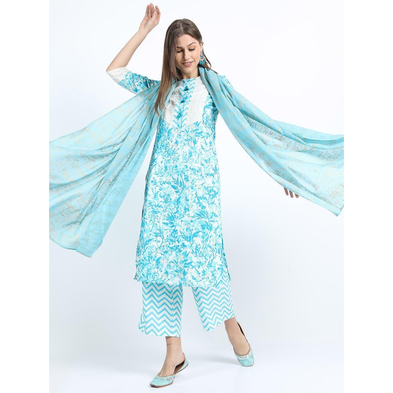 Vishudh Floral Printed Thread Work Straight Kurta With Palazzos & Dupatta