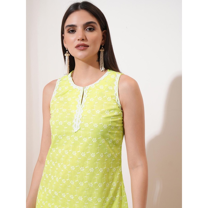 Vishudh Green Ethnic Motifs Embroidered Keyhole Neck Thread Work Straight Kurta