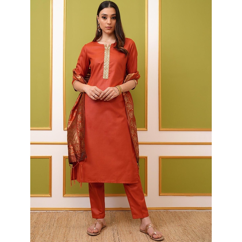 Vishudh Rust Orange Round Neck Embellished Straight Kurta & Trouser With Dupatta