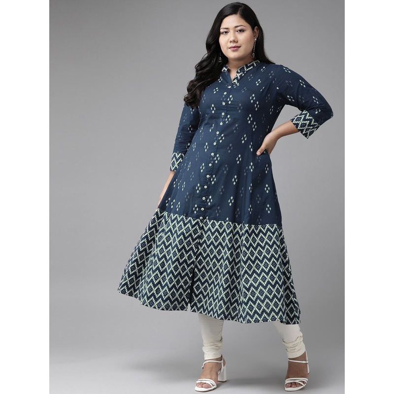 YASH GALLERY Women Plus Size Navy Blue Printed Anarkali Kurta